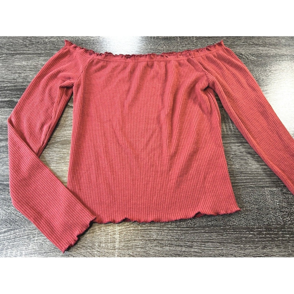 Love Tree Womens Small Ribbed Off the Shoulder Long Sleeve Lettuce Edge Top